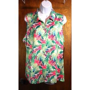 Emerald 18 Womens Tropical Floral Golf Polo Sleeveless Quarter Zip Top - L